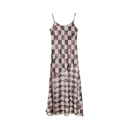 Skinny temperament checkerboard long suspender dress