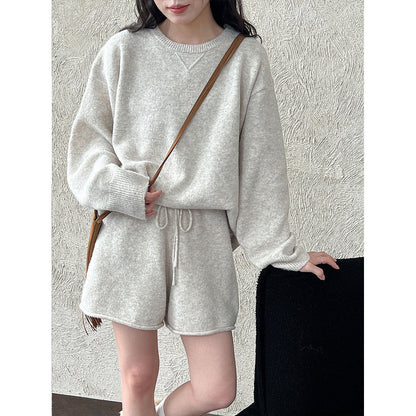 Korean soft waxy wool knitted top + shorts two-piece set