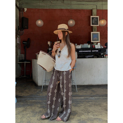 Bohemian Tencel linen wide-leg print drawstring slacks