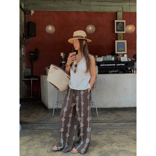 Bohemian Tencel linen wide-leg print drawstring slacks