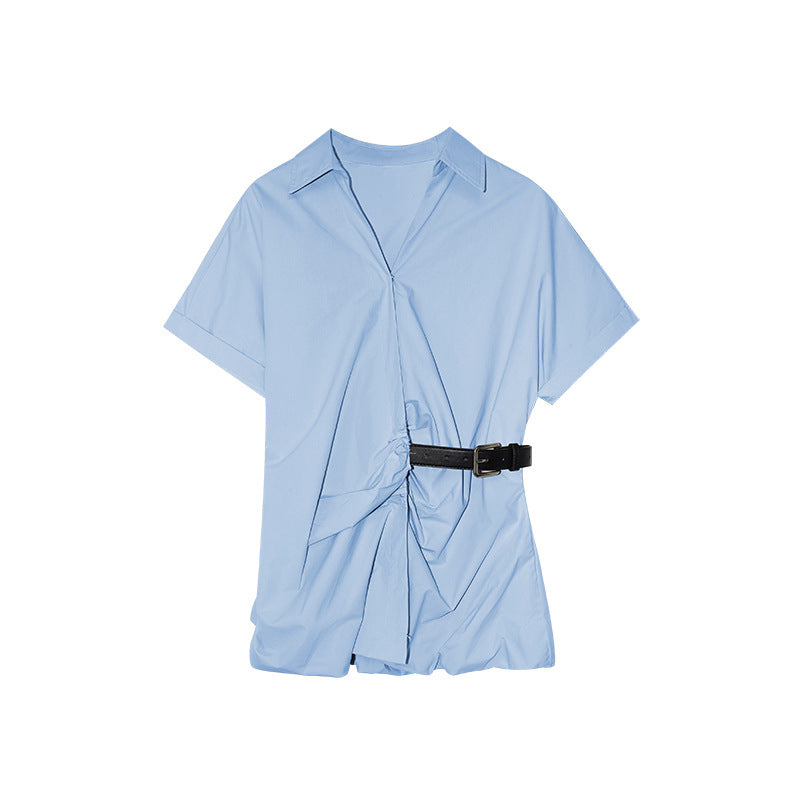 French temperament versatile pure cotton thin waist buckle short-sleeved shirt