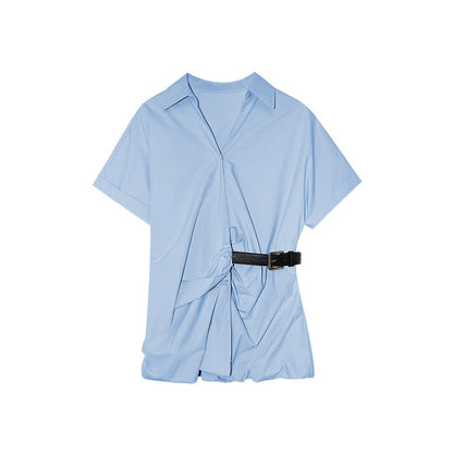 French temperament versatile pure cotton thin waist buckle short-sleeved shirt