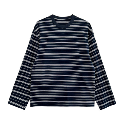 Retro contrasting stripes loose simple long-sleeved T-shirt women's autumn new crew neck bottoming shirt top