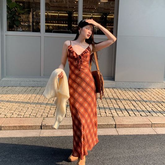 Holiday waist long dress plaid suspender dress