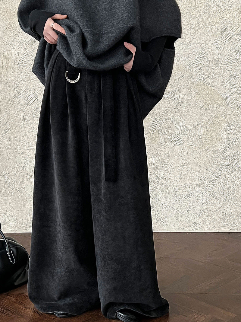 Korean retro chenille wide-leg trousers women's autumn new commuter versatile buckle casual trousers