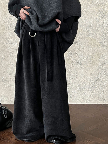 Korean retro chenille wide-leg trousers women's autumn new commuter versatile buckle casual trousers