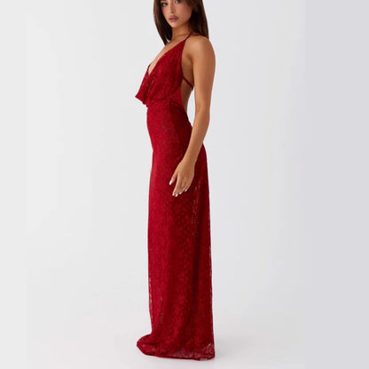 Women's new fashion lace lace-up long dress big halter sexy hottie suspender dress