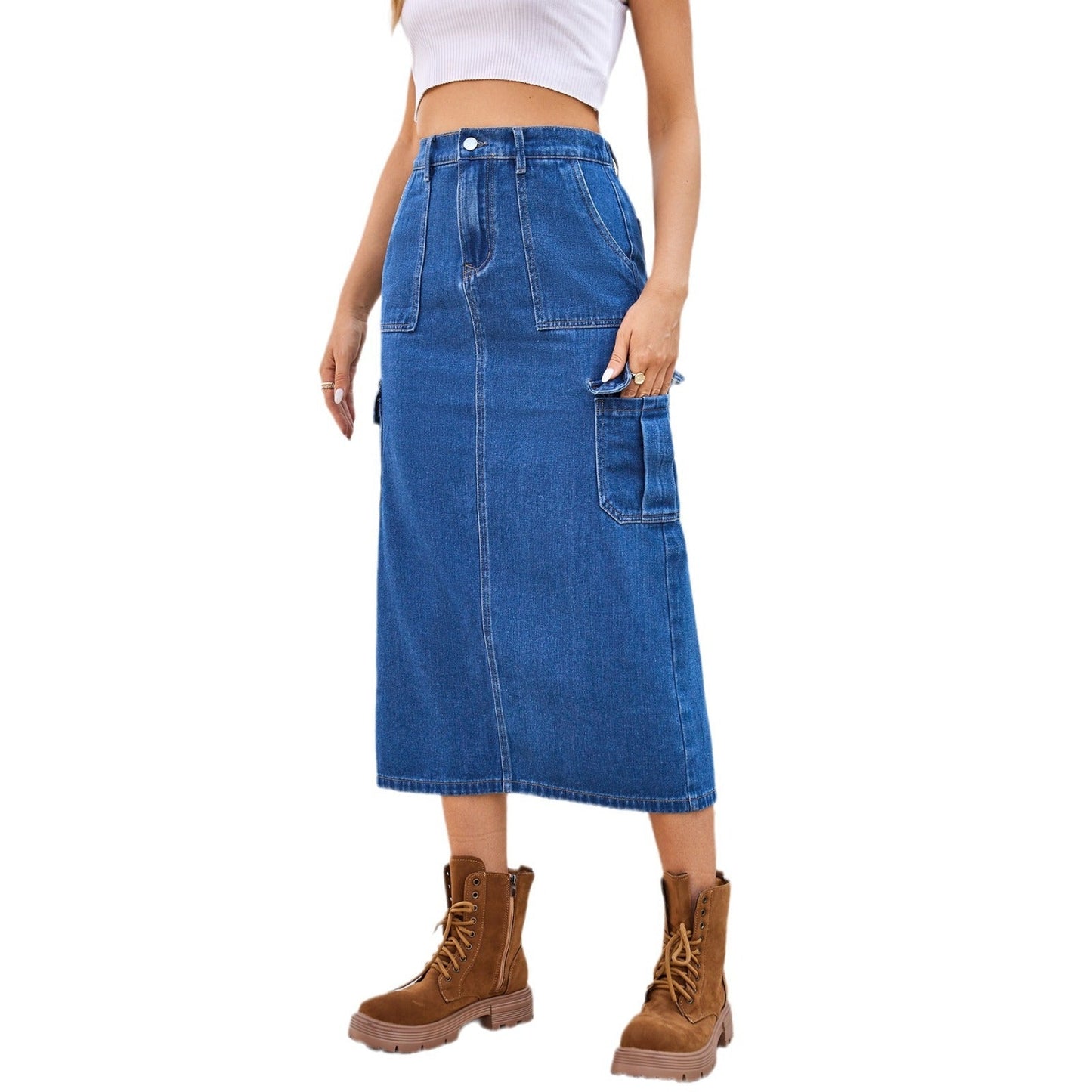 Cargo Denim Midi Skirt