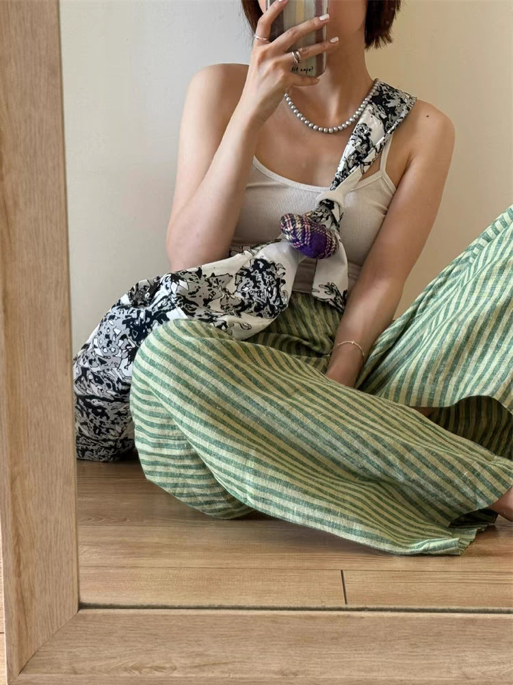 Japanese design sense niche thin casual linen striped nine-point elastic wide-leg pants children's summer new