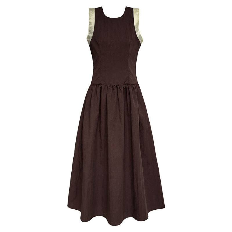 French classic cuff color matching vest skirt spring new waist and thin sleeveless dress