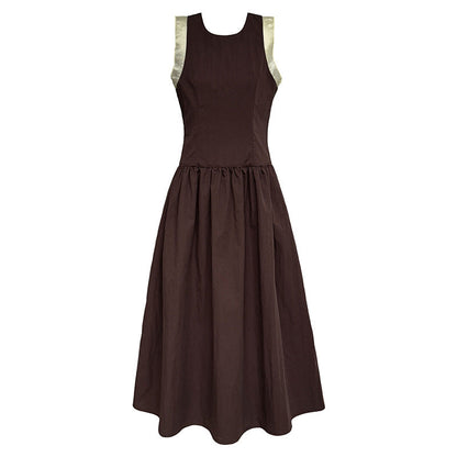 French classic cuff color matching vest skirt spring new waist and thin sleeveless dress