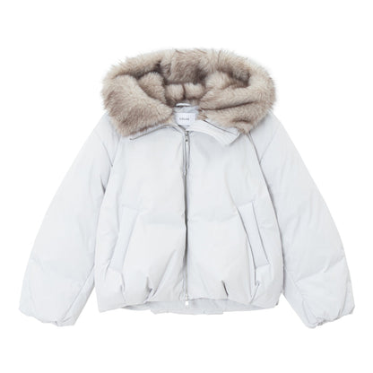 Winter eco-friendly fur hooded balloon-shaped volume-sensitive silhouette down jacket
