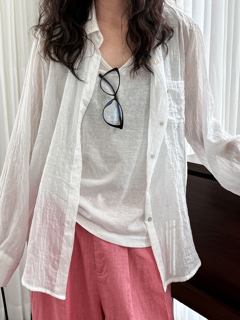 French premium shell button shirt women's summer new sunscreen cardigan long-sleeved loose imitation cotton and linen shirt