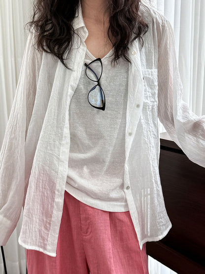 French premium shell button shirt women's summer new sunscreen cardigan long-sleeved loose imitation cotton and linen shirt