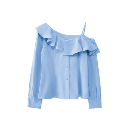 Temperament ruffle edge long-sleeved off-shoulder shirt