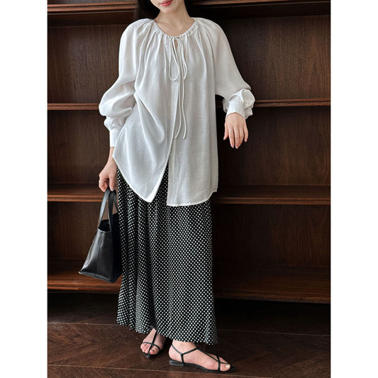 Tencel light and transparent neckline pleated lace-up shirt women's summer new shirt long-sleeved top