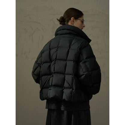 Winter high-density fit anti-down square grid direct charging stand-up collar no quilting line down jacket