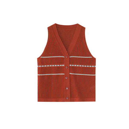 Simple striped cotton single-breasted v-neck sleeveless knitted vest