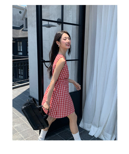 Waist buckle medium and long two wear sleeveless plaid dress