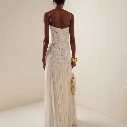 Women's new fashion celebrity chiffon long dress three-dimensional flower splicing suspender dress