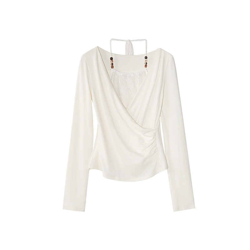Sexy splicing lace slim neck long sleeve T-shirt