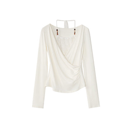 Sexy splicing lace slim neck long sleeve T-shirt