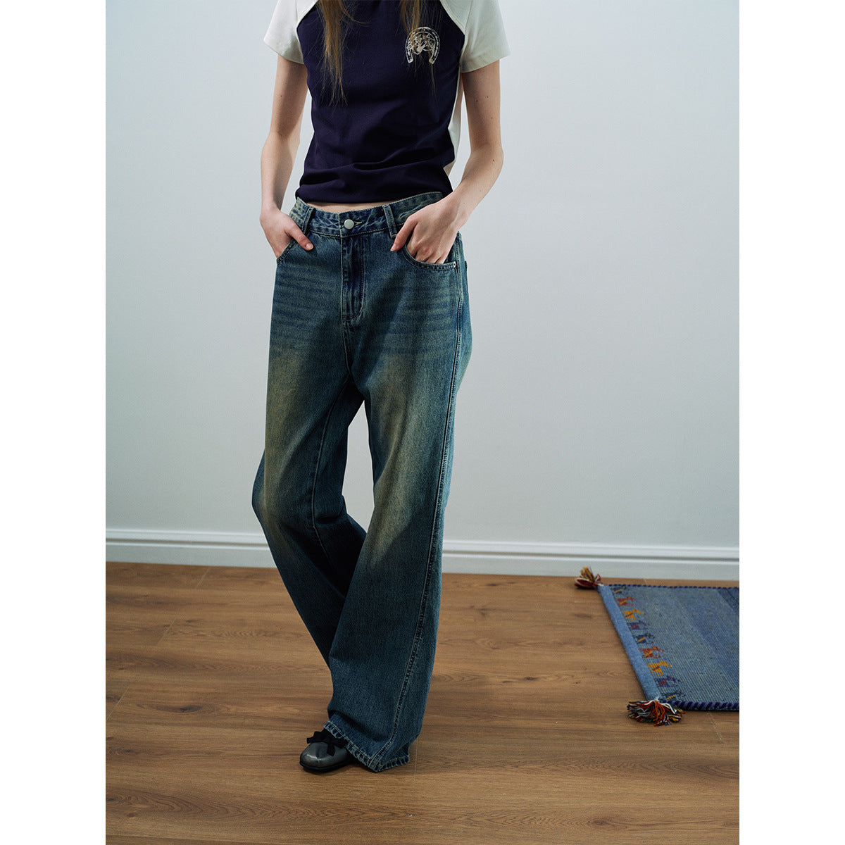 Spring casual high-waisted retro nostalgic easy versatile flared denim trousers