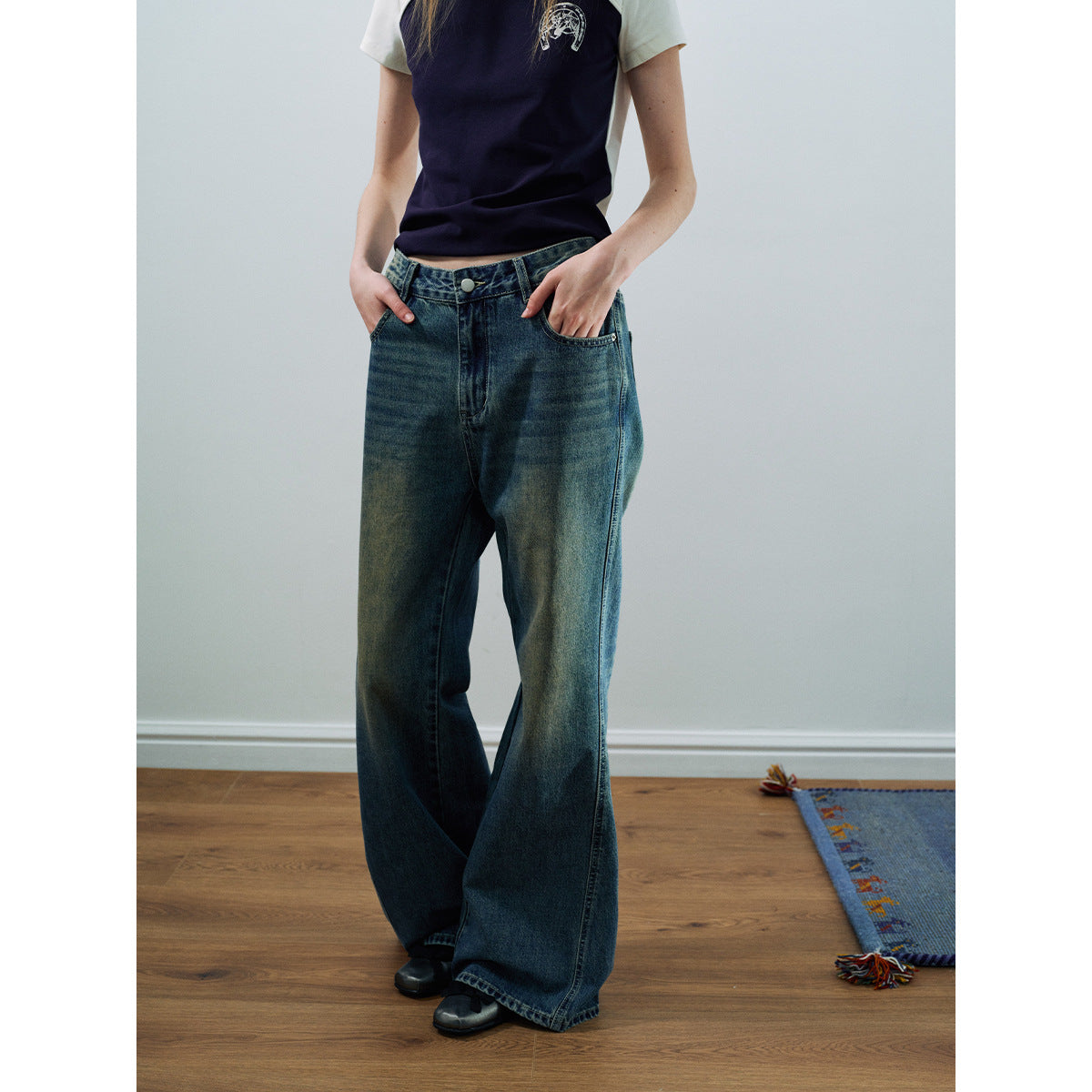 Spring casual high-waisted retro nostalgic easy versatile flared denim trousers