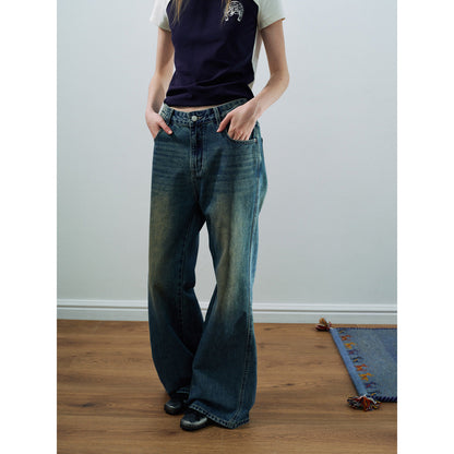 Spring casual high-waisted retro nostalgic easy versatile flared denim trousers