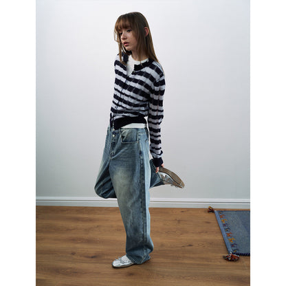 Spring casual high-waisted old-fashioned dirty basic versatile long straight jeans
