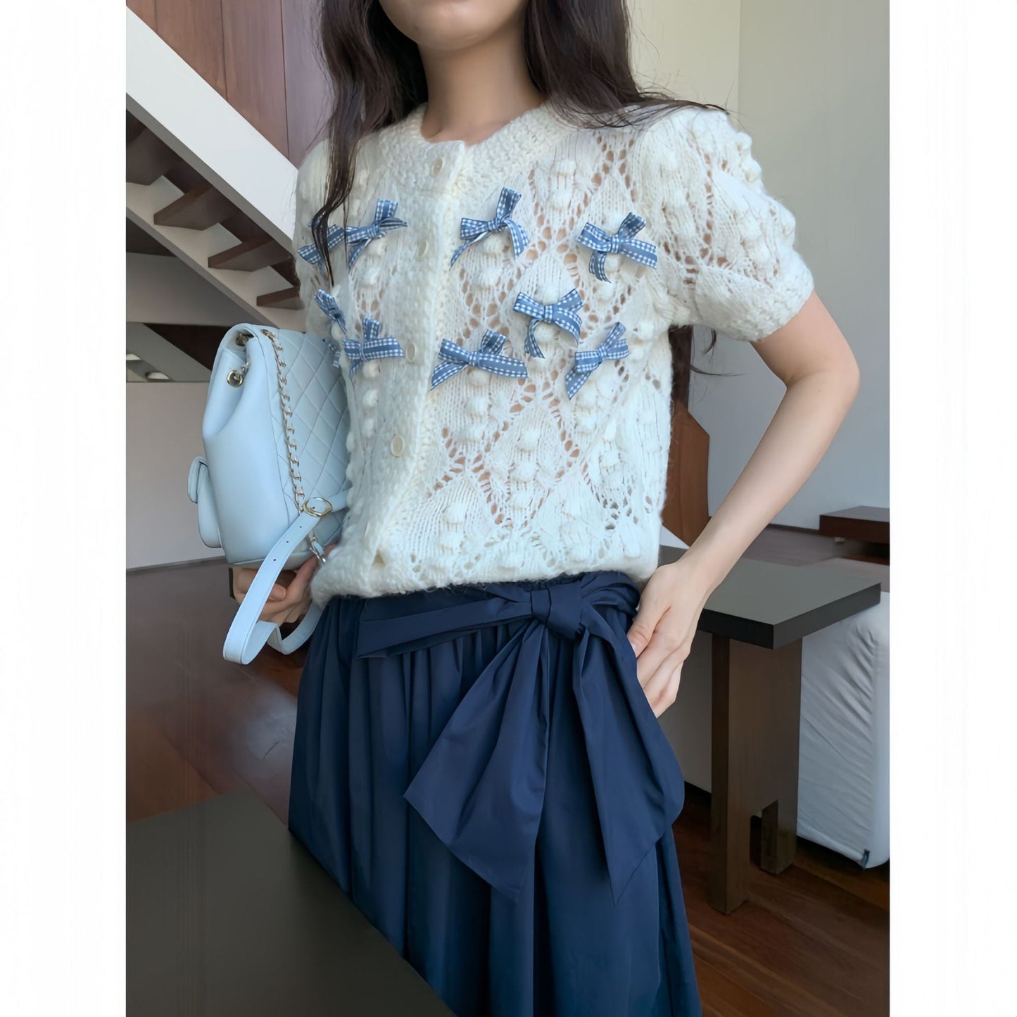 Cute sweet bow hollow short-sleeved knitted sweater