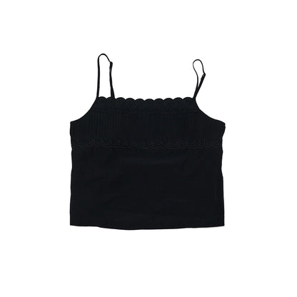 Summer new casual one-word collar linen cotton thin transparent embroidered solid color suspender top