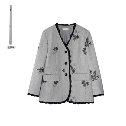Loose embroidered lace edge v-neck blazer