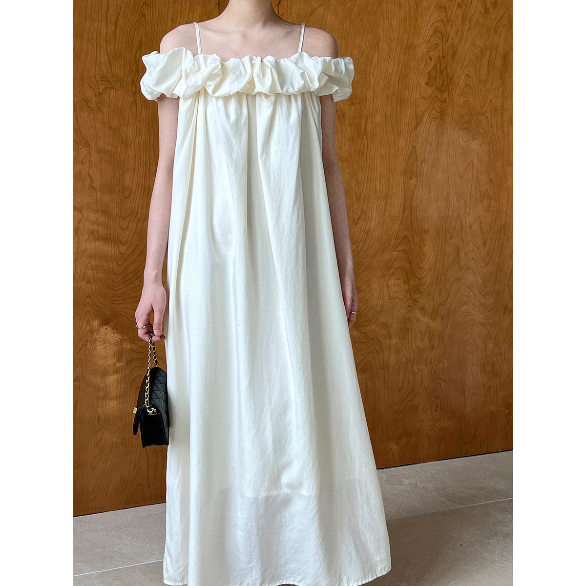 Tencel fabric one-word shoulder tube top dress Korean high-end ruffle edge suspender vest skirt