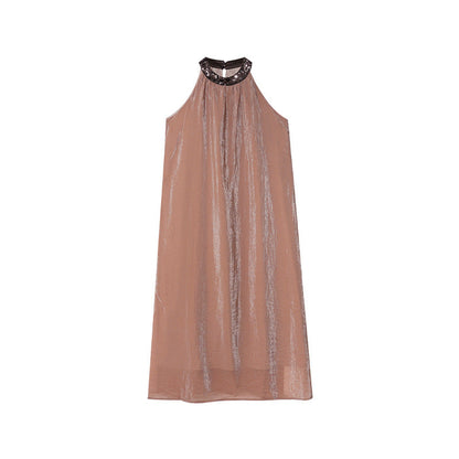 Contrast Color Halter Neck Sleeveless A-Line Maxi Dress