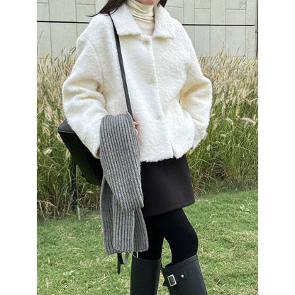 Niche design sense lamb wool lapel jacket women's winter new single-breasted short thermal top