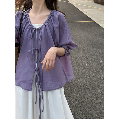 Korean drawstring shirt top women's spring new V-neck sunscreen shirt lace-up cardigan
