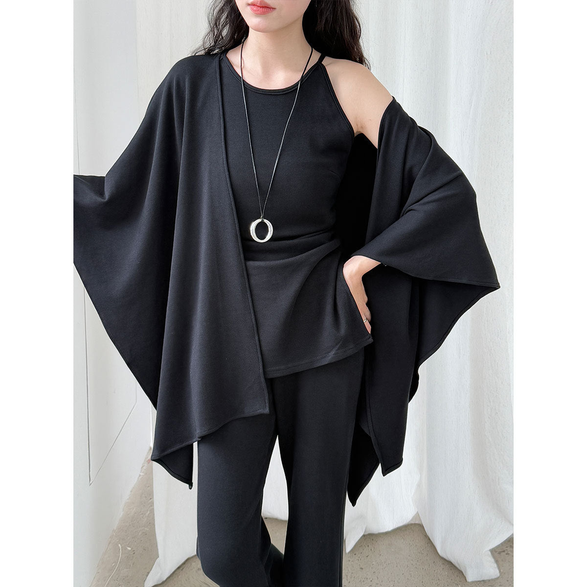 cape shawl + waist sling vest + high waist flared pants women's 25 autumn new three-piece set