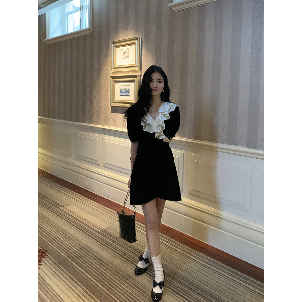 French ruffle dress slim lace-up black skirt