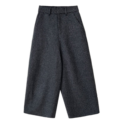 80% wool cropped wide-leg pants for women, vintage plaid wool blend ankle-length trousers, thickened suit pants for winter