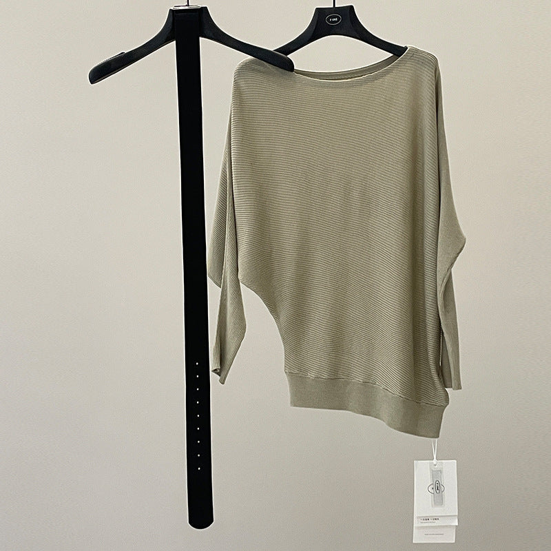 Temperament slanted shoulder knitted sweater women's spring soft waxy skin-friendly loose bat sleeve sweater