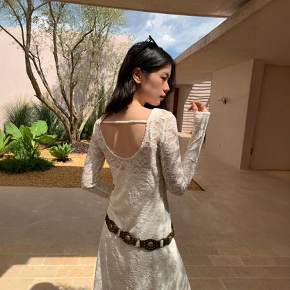 Autumn French Celebrity Temperament Waist Wrap Hips Hollow Lace Dress