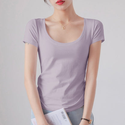 Round Neck Short Sleeve T-Shirt Women Slim Fit Cotton Base Layer Top