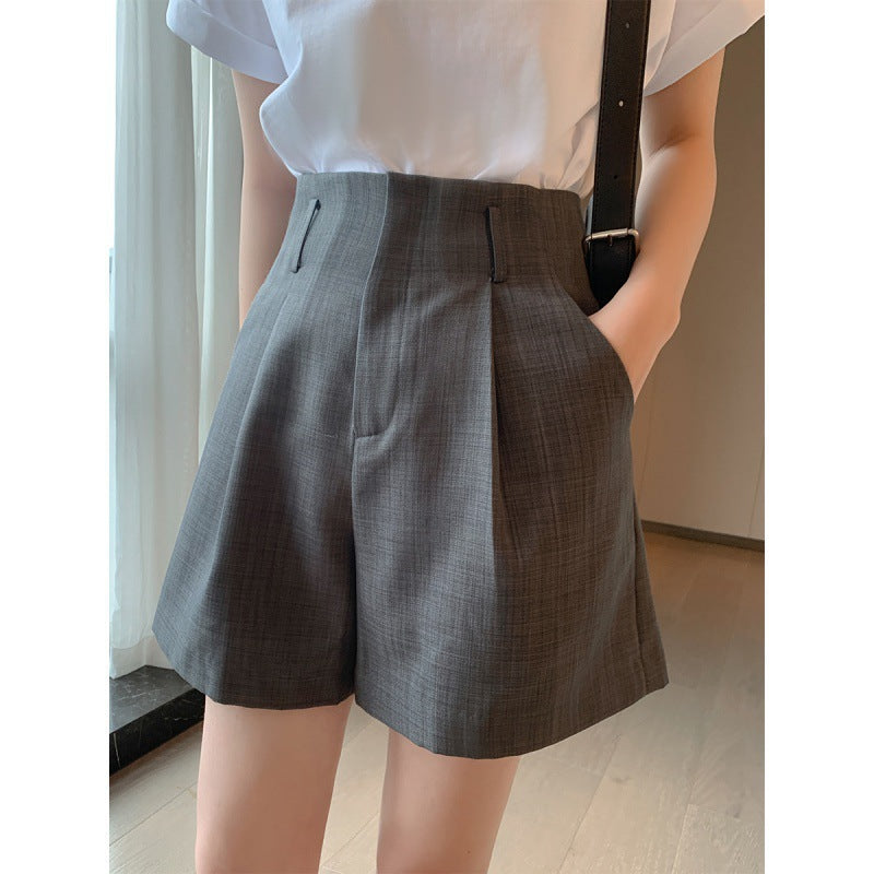Summer new gray short pants women's high waist temperament thin wide leg pants five-point trousers