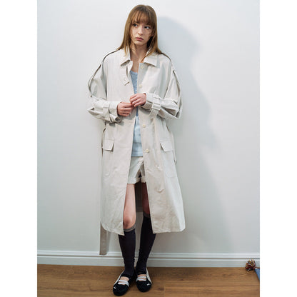 Spring new casual lapel thin versatile lace-up tooling long trench coat