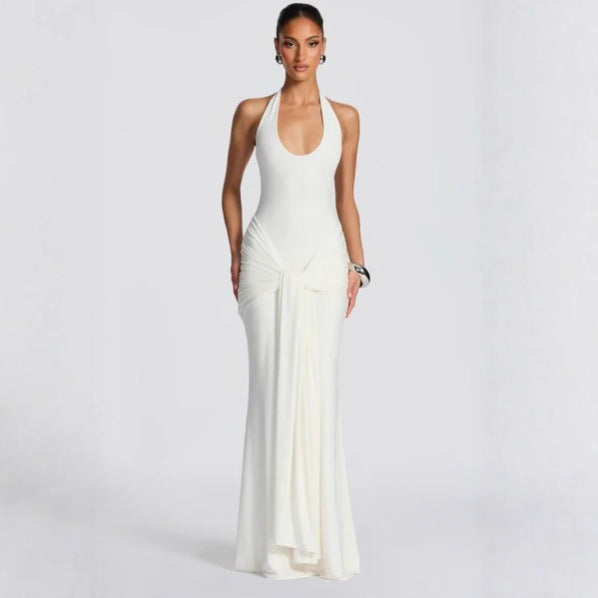 New fashion streamer splicing suspender long dress slim-fitting hip-wrapped European and American style neck dress dress