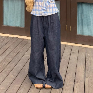 Dark blue thin and versatile loose cotton jeans and trousers