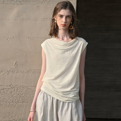 Hemp Sleeveless Top Women Slim Fit Swing Collar Knitted Shirt