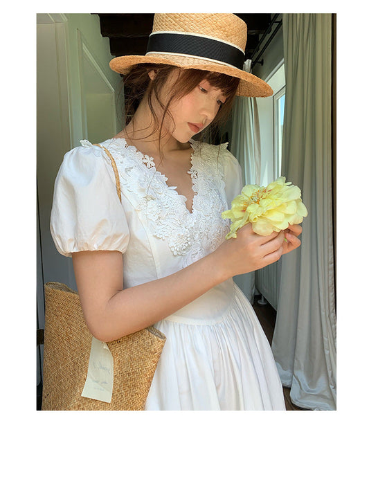 Heavy Industry High Waist Lace V-Neck Bubble Sleeve Dress