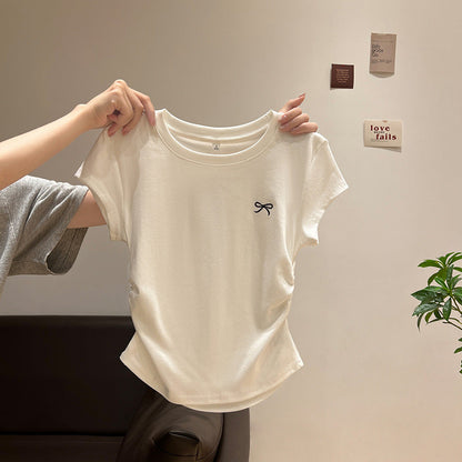 Round Neck Short Sleeve T-Shirt Women Pullover Pleated Embroidered Top